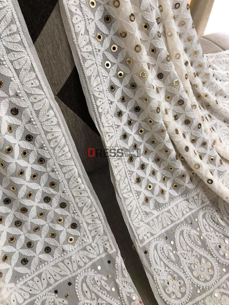 Ivory Lucknowi Dupatta With Ring Mukaish Chikankari