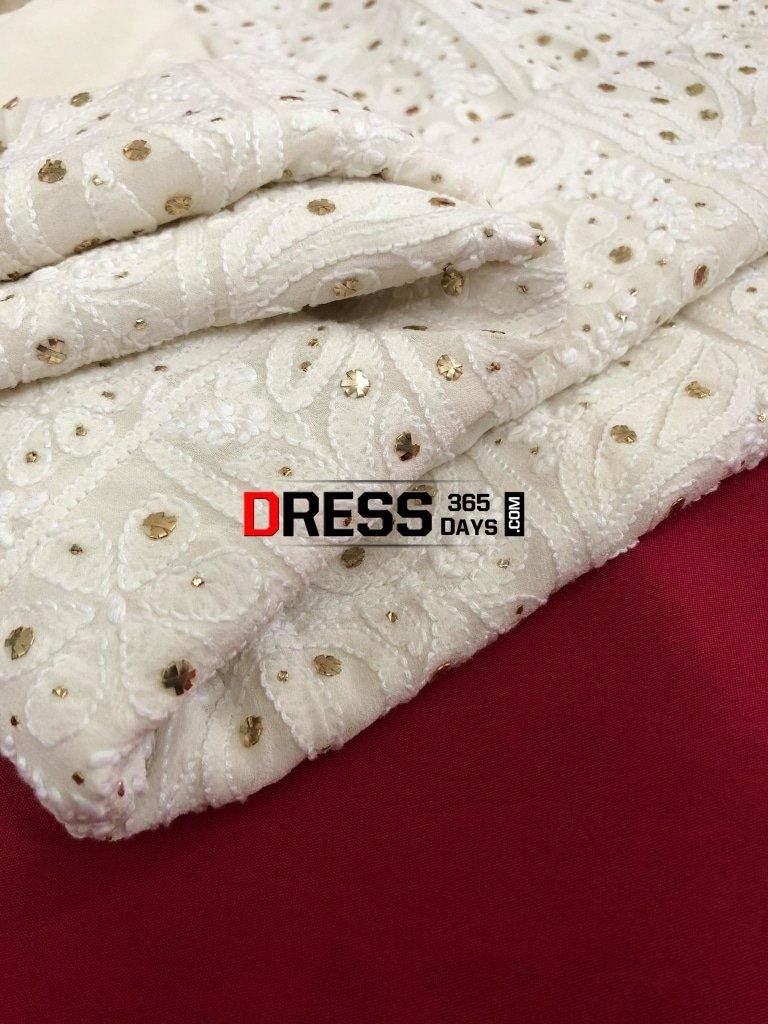 Ivory Pure Georgette Mukaish Chikankari Kurti Fabric