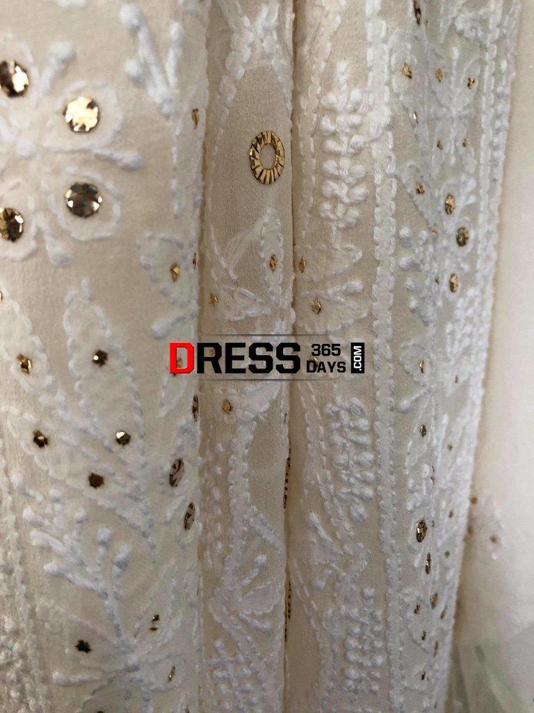 Ivory Pure Georgette Mukaish Kurti Fabric Chikankari