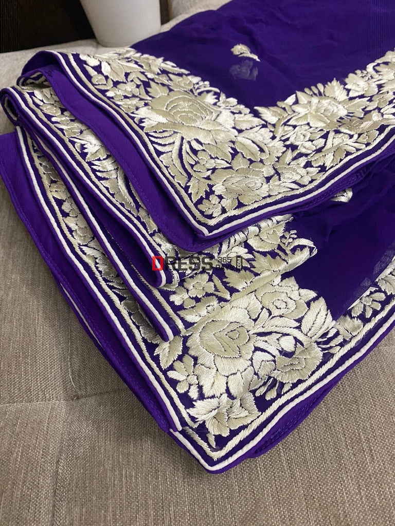 Ivory & Purple Parsi Gara Hand Embroidered Dupatta