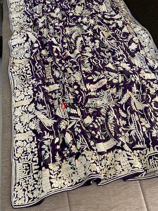 Ivory & Purple Parsi Work Hand Embroidered Dupatta Gara