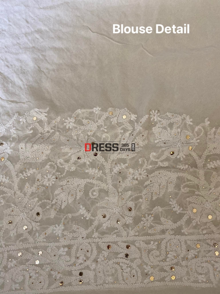 Ivory White Lucknowi Mukaish Work Saree Chikankari