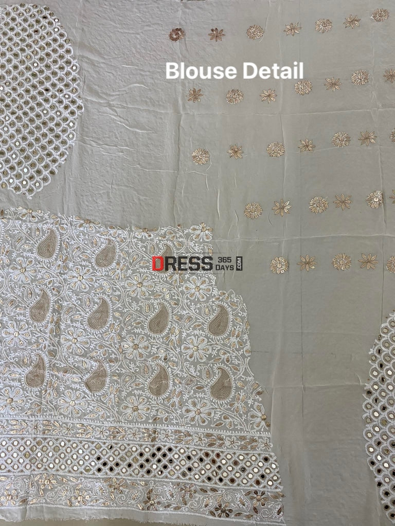 Ivory White Mirror Lucknow Chikankari Lehenga Set