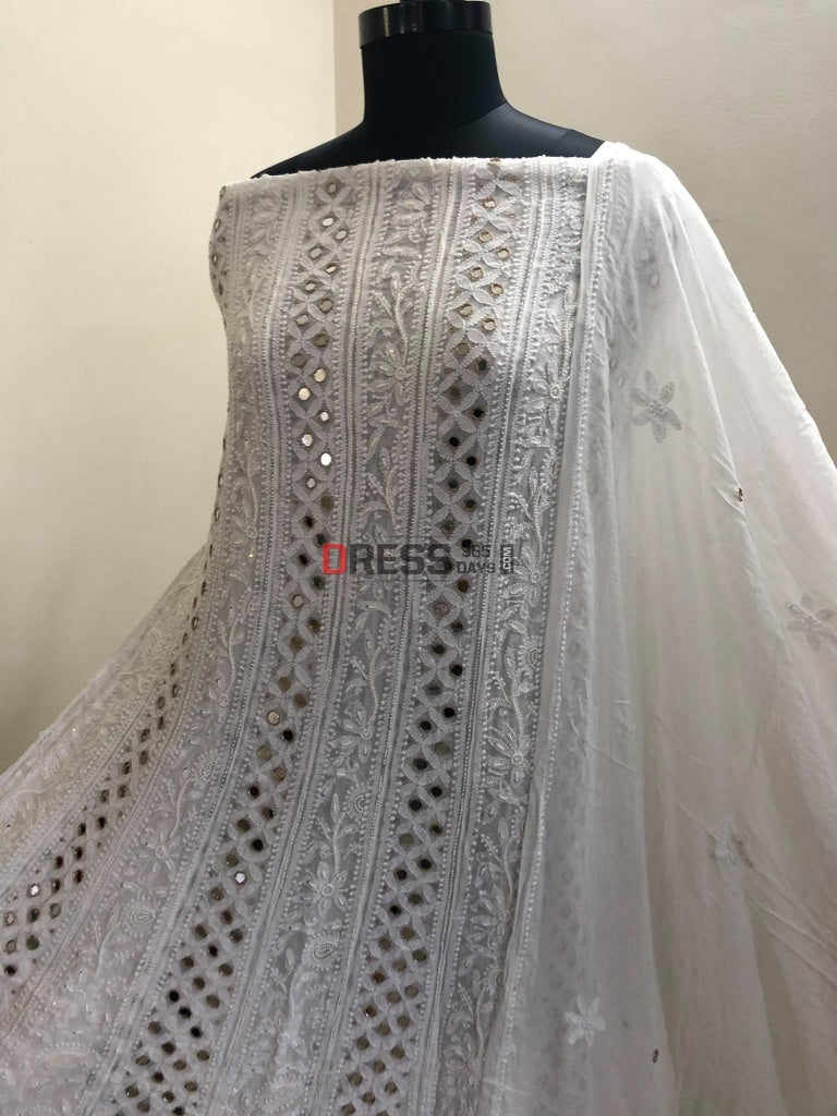 Ivory White Mirror & Pearl Chikankari Anarkali