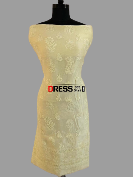 Lemon Yellow Chanderi Chikan Work Suit (Kurta and Dupatta)