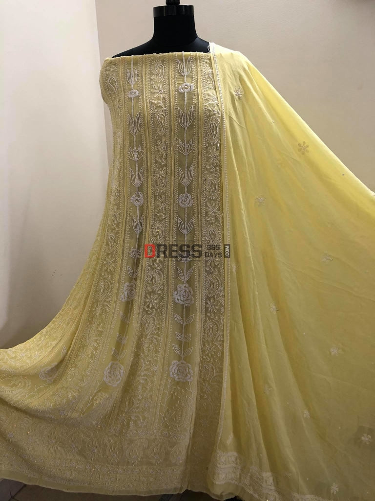 Lemon Yellow Chikankari Anarkali Suit With Pearls