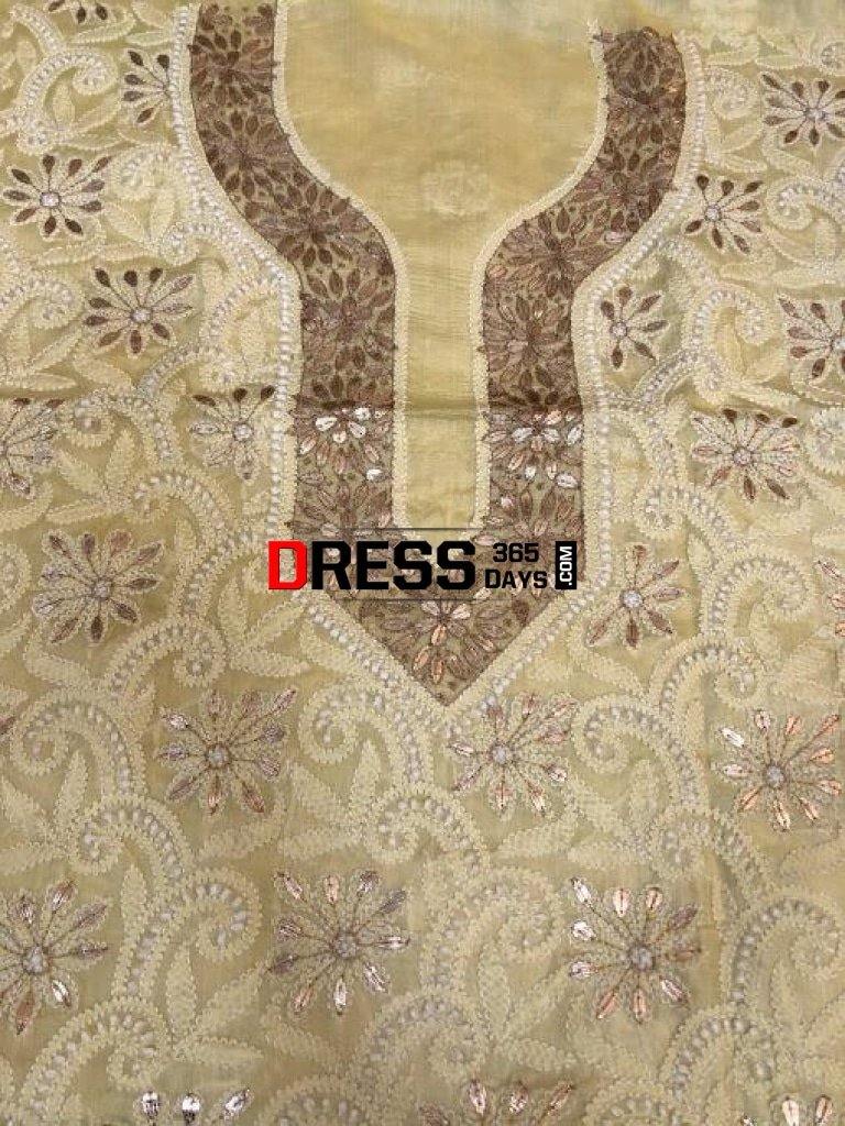 Lemon Yellow Tussar Silk Gota Patti Chikankari Kurti Fabric