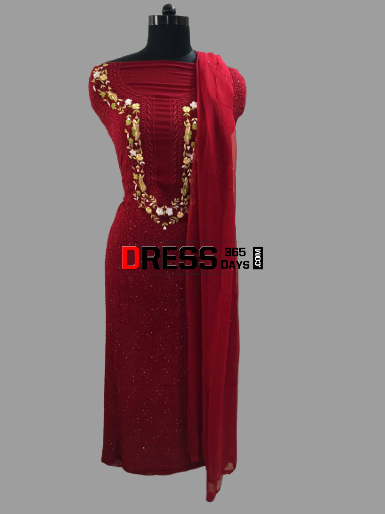 Maroonish Red Parsi Gara Chikankari Suit Suits