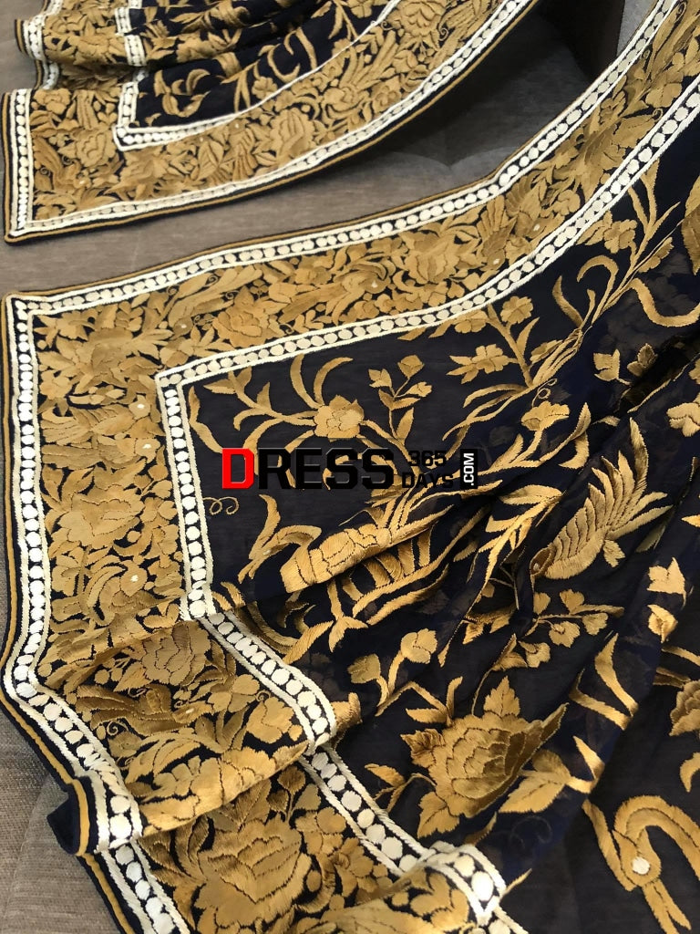Masterpiece Navy-Gold Parsi Gara Hand Embroidered Dupatta
