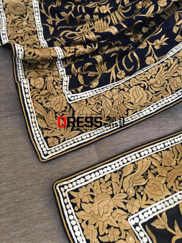 Pre Order Black-Gold Parsi Gara Hand Embroidered Dupatta