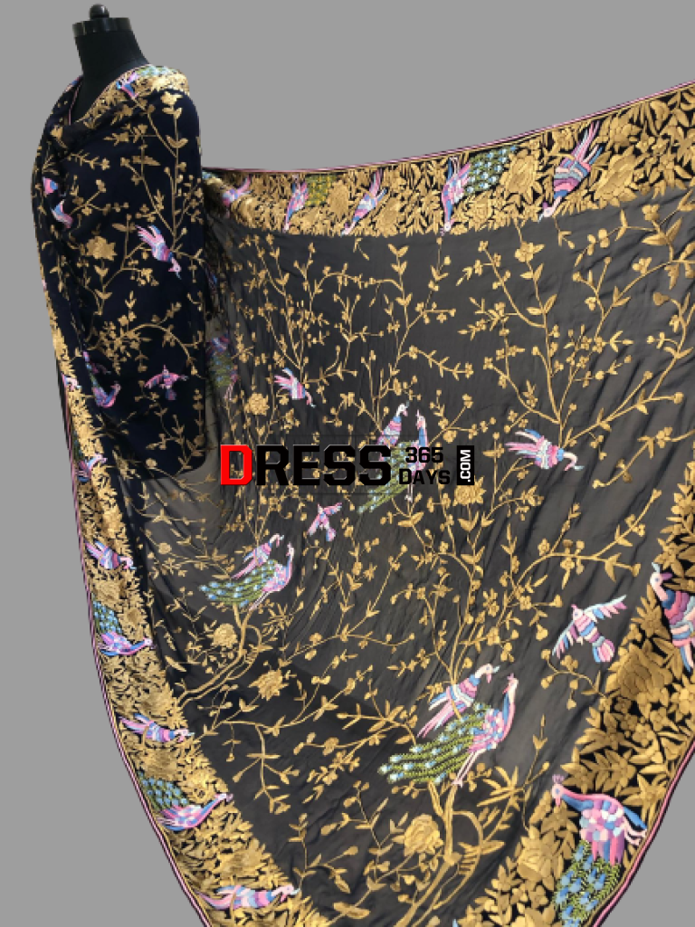 Midnight Blue Hand Embroidered Parsi Gara Dupatta