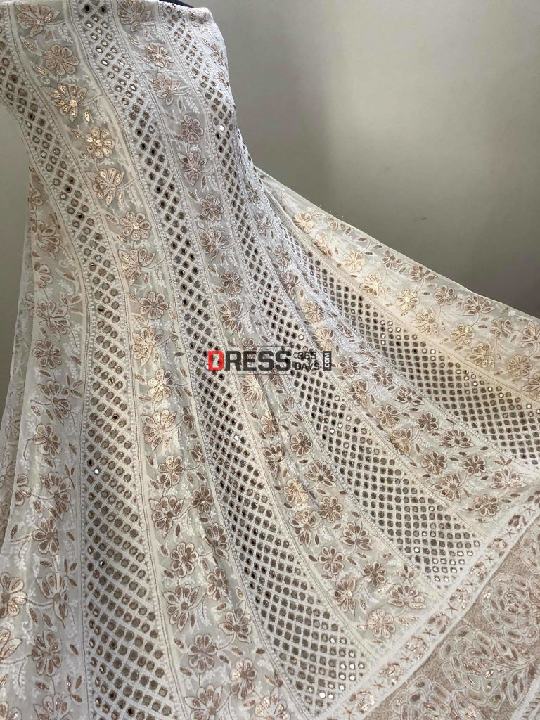 Mirror & Gota Work Ivory Lucknowi Anarkali Suit Chikankari Lehenga