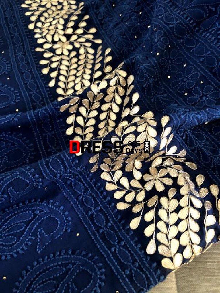 Navy Hand Embroidered Gota Patti Chikankari Suit - Main Image