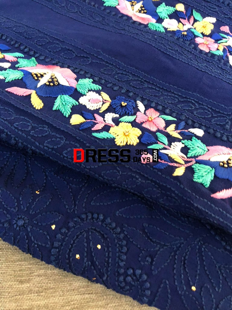 Navy Hand Embroidered Parsi Gara Chikankari Suit Suits