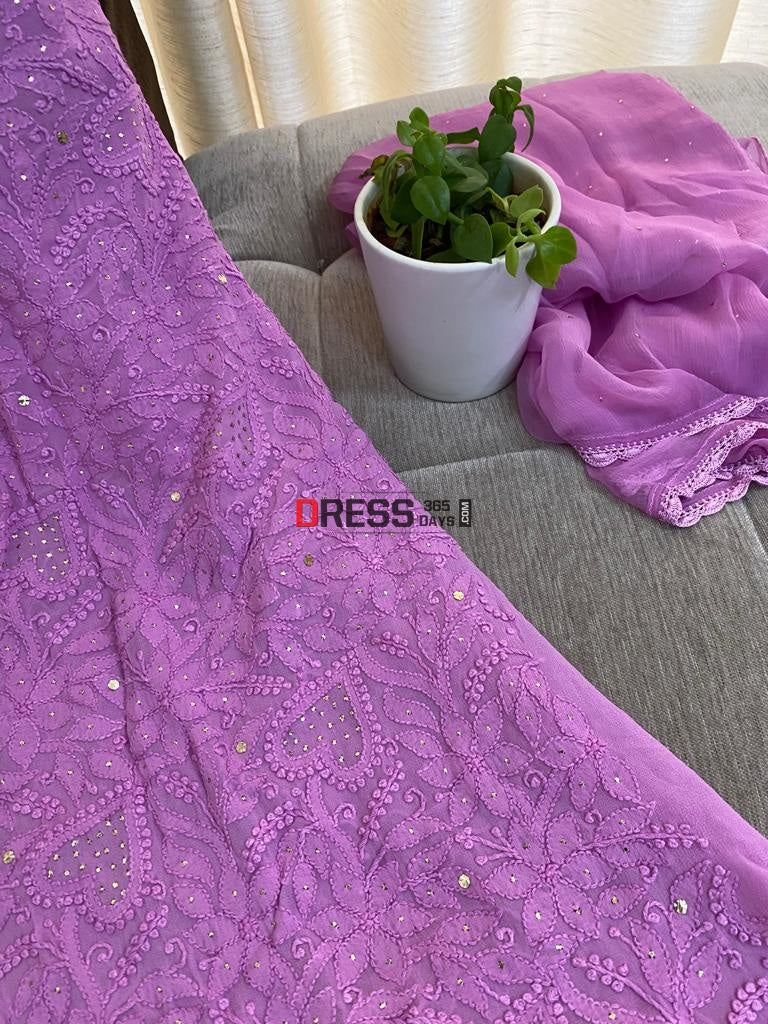 Onion Pink Mukaish Neckline Chikankari Kurta Dupatta Suits