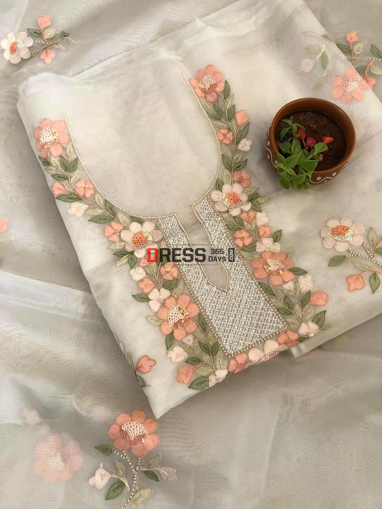 Organza Pearls and Multicolour Chikankari Suit  Dress365days