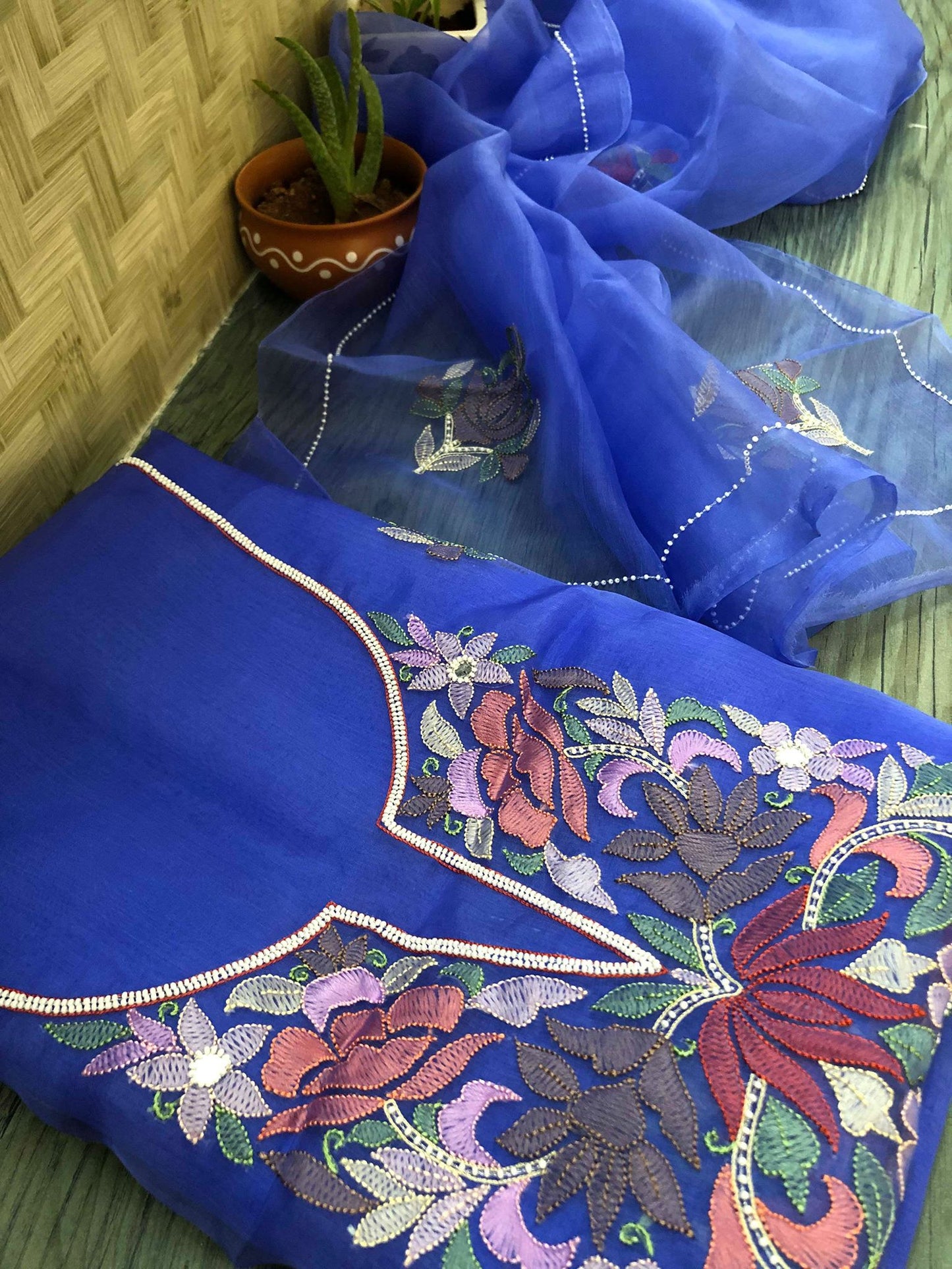 Organza Chikankari Suit Fabric with Beads Work (Kurta and Dupatta)