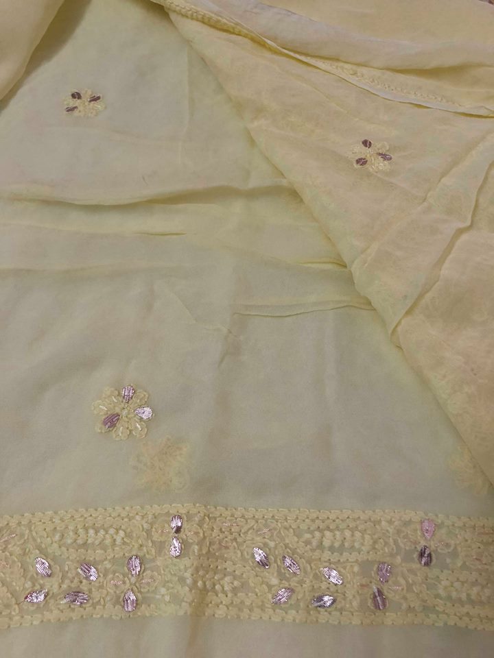 Lemon Yellow Parsi Neckline Chikankari Suit