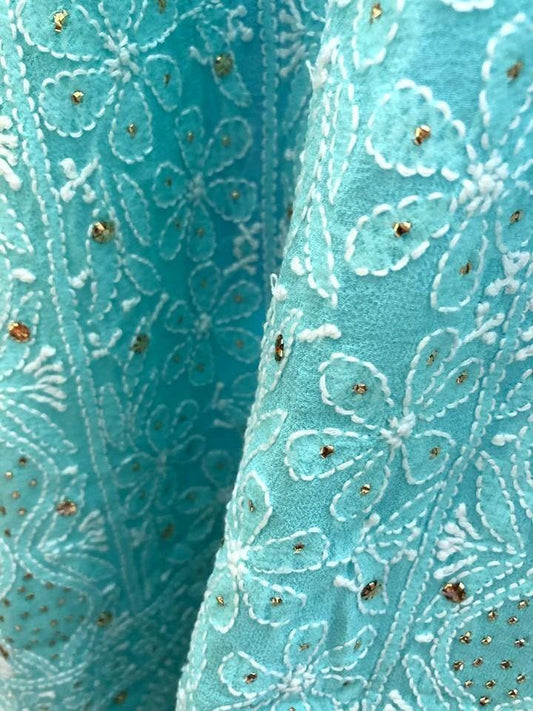Aqua Green Mukaish Lucknowi Chikan Suit - Dress365days