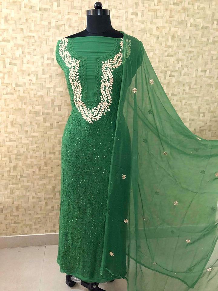Bottle Green Chikankari Suit with Neckline