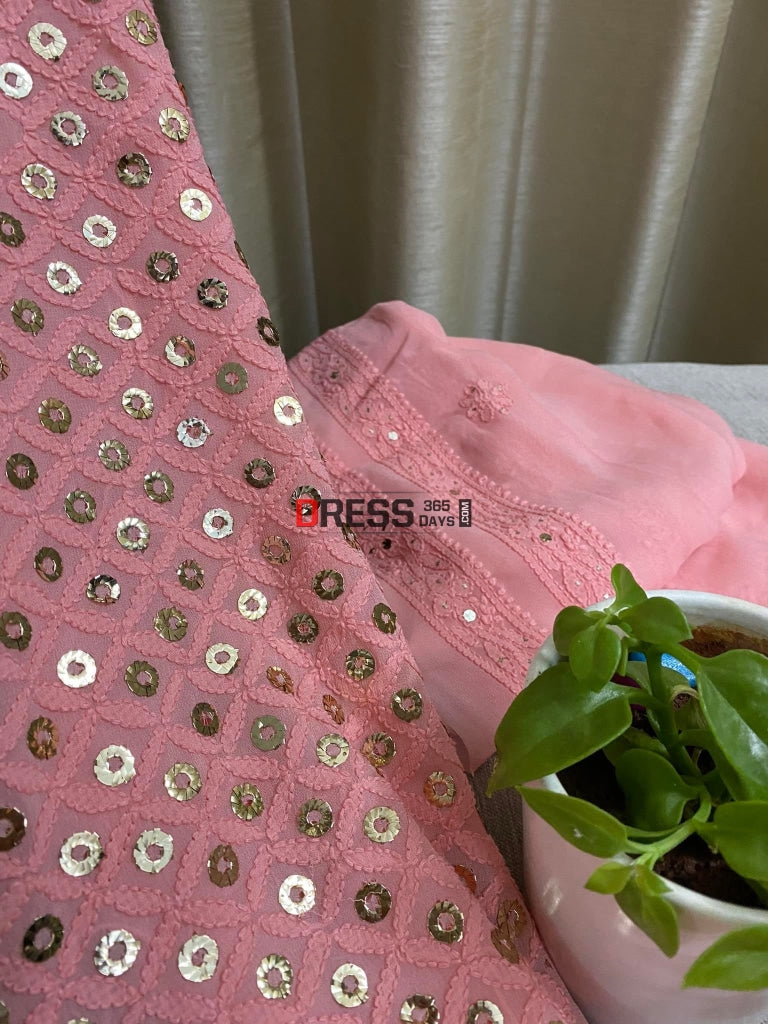Peach Lucknowi Chikankari Ring Mukaish Suit Suits