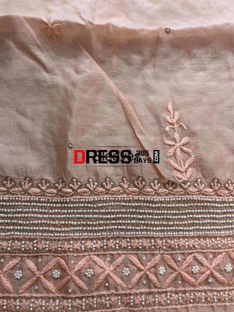 Peach Pure Chanderi Silk Chikankari Suit With Beads Work Suits