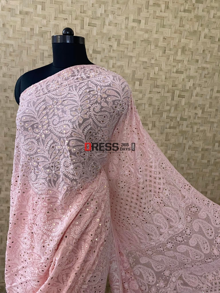 Peachy Pink Lucknowi Chikankari Mukaish Saree