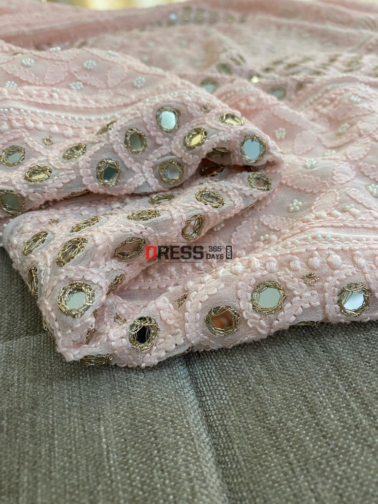 Peachy Pink Pearl & Mirror Anarkali Suit Chikankari