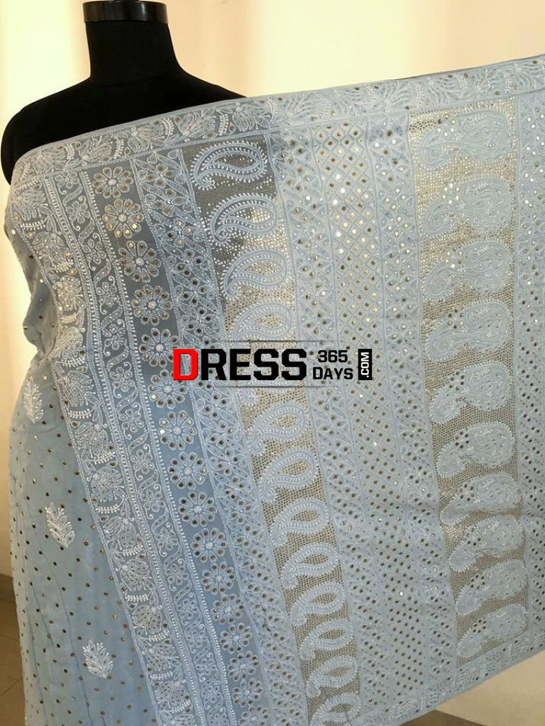 Powder Blue Mukaish Chikankari Saree Saree