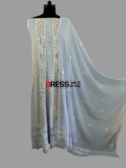 Powder Blue Ring Mukaish Work Chikankari Anarkali (Anarkali and Dupatta)