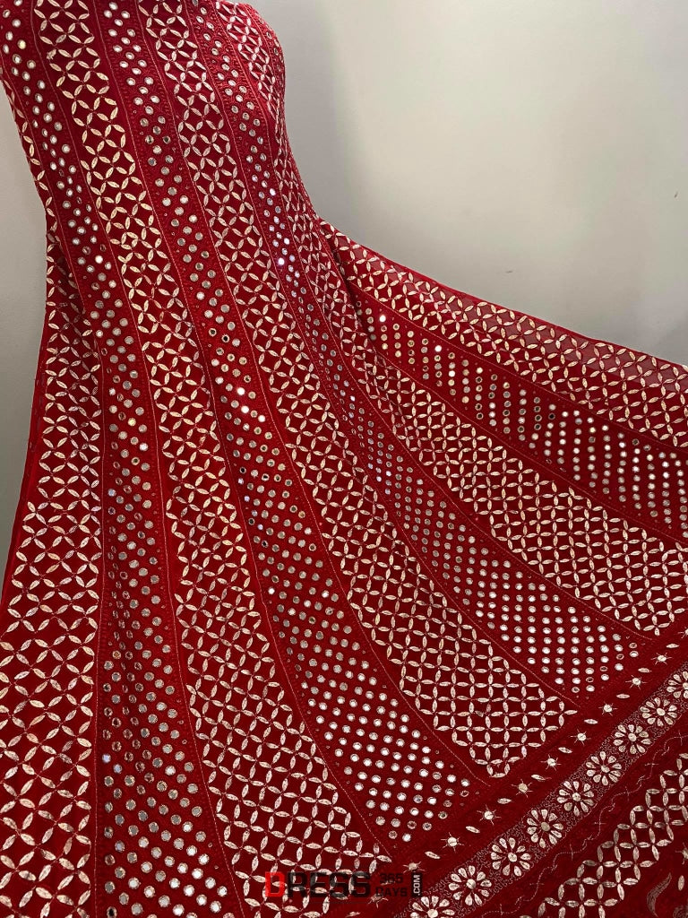 Red Mirror & Gota Patti Chikankari Anarkali Suit