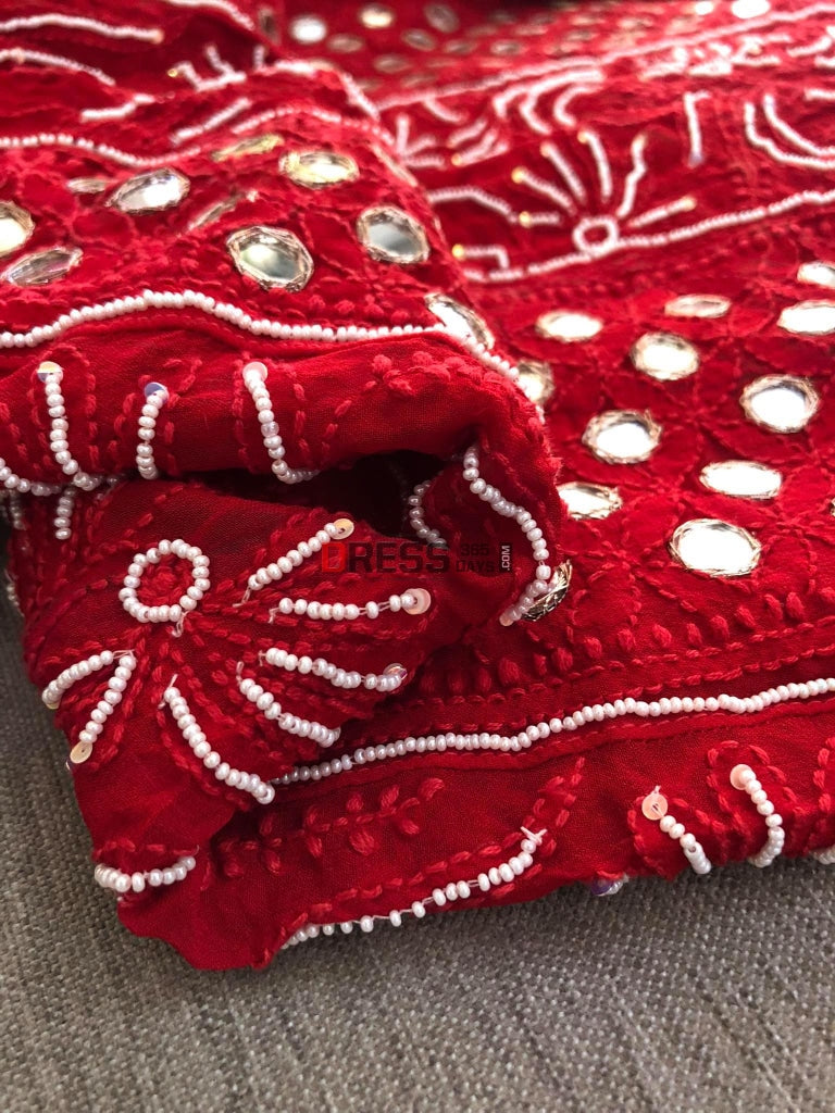 Red Mirror & Pearl Chikankari Anarkali Suit
