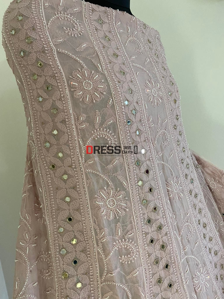 Rose Gold Mirror & Pearl Anarkali Suit Chikankari