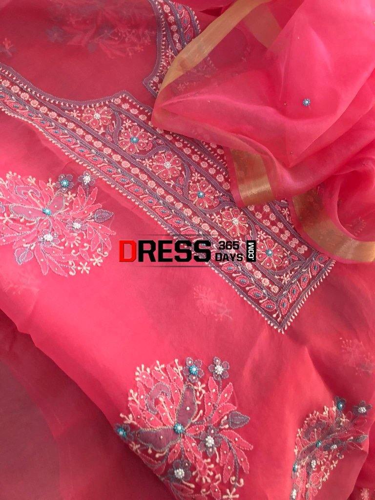 Rose Pink Organza Beads and Chikankari Suit1