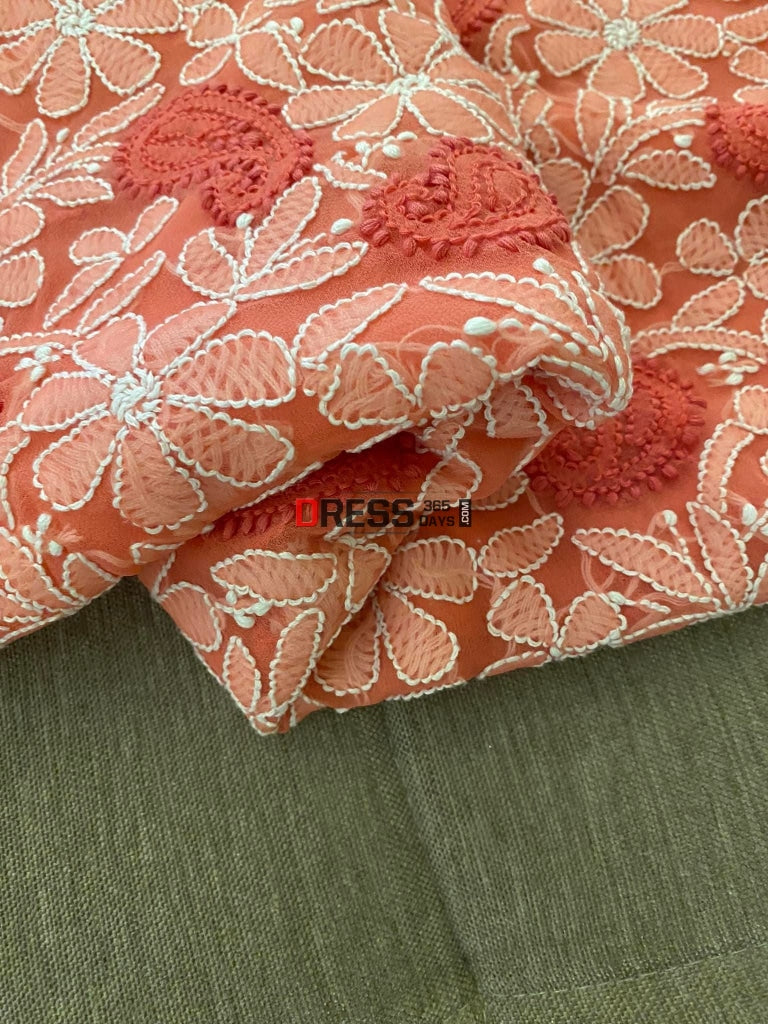 Rose Red Georgette Chikankari Kurti Fabric (Only Kurti)