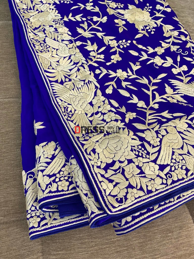 Royal Blue & Ivory Parsi Gara Saree