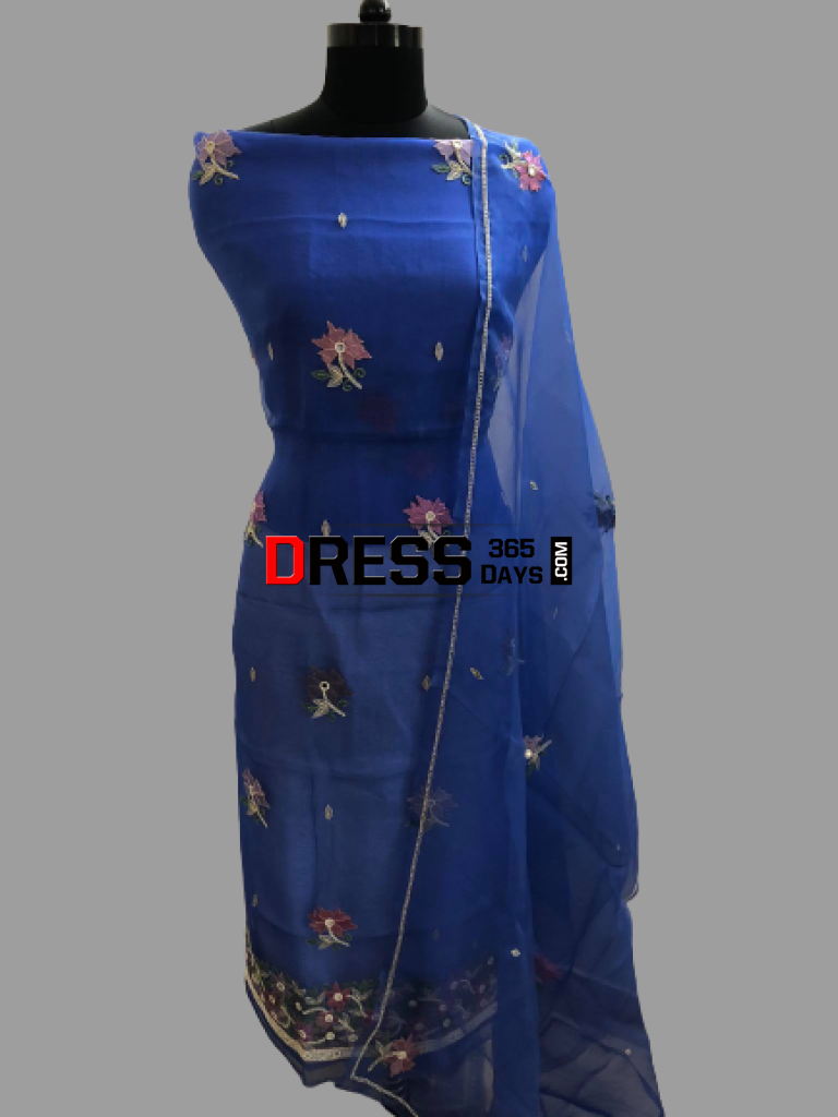 Royal Blue Organza Beads Chikankari Suit Suits