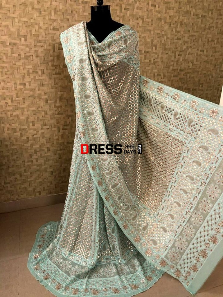 Sea Green Chikankari Lehenga Set With Gota Patti Work