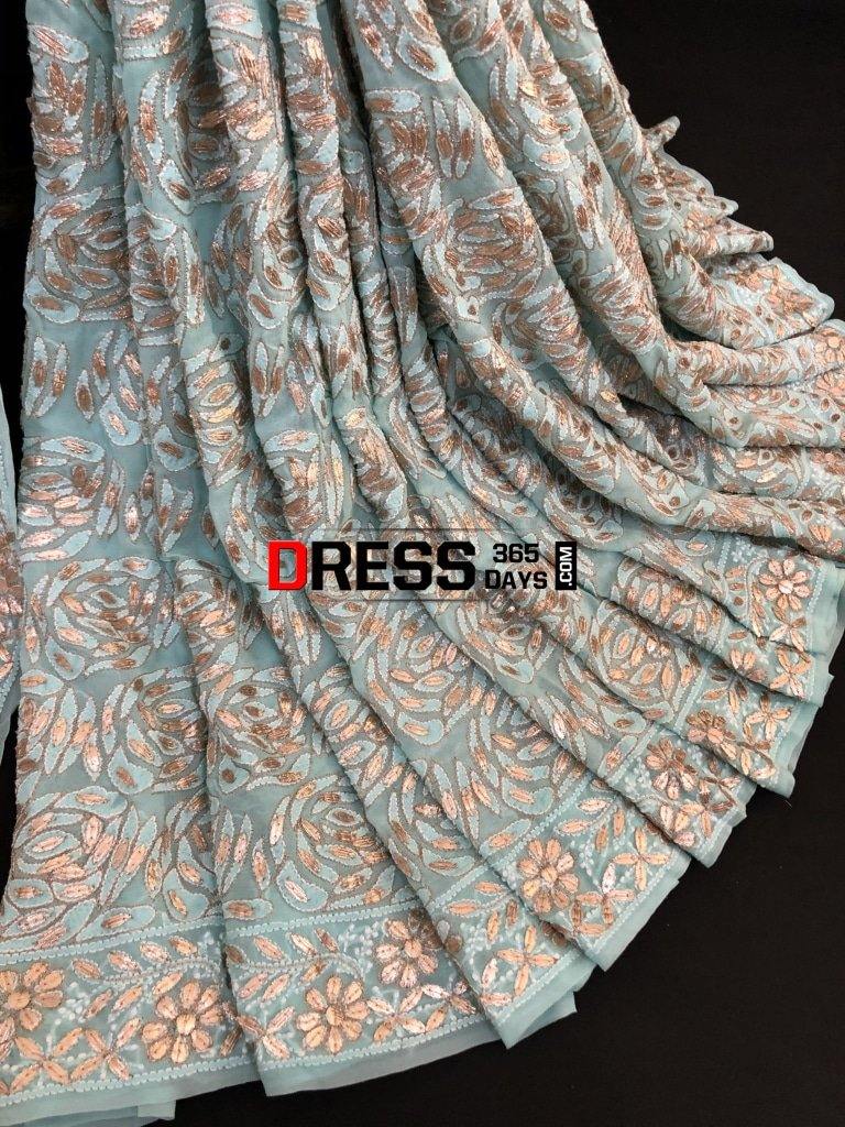 Sea Green Gota Patti Lucknowi Saree Chikankari