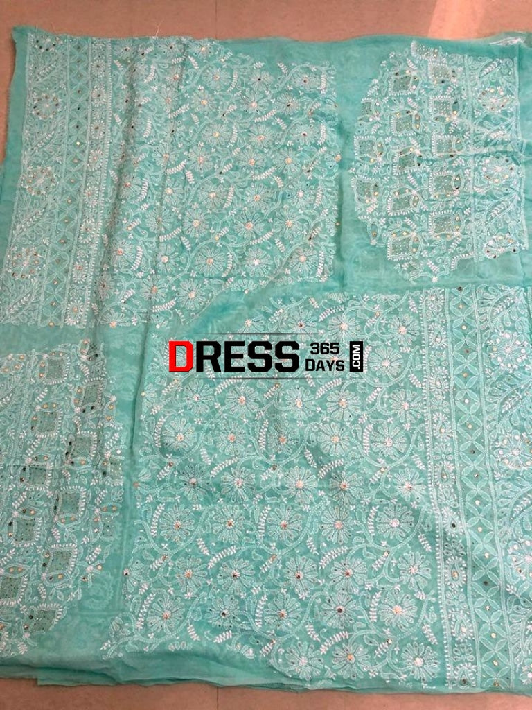 Sea Green Lucknowi Chikankari Lehenga With Golden Mukaish Work