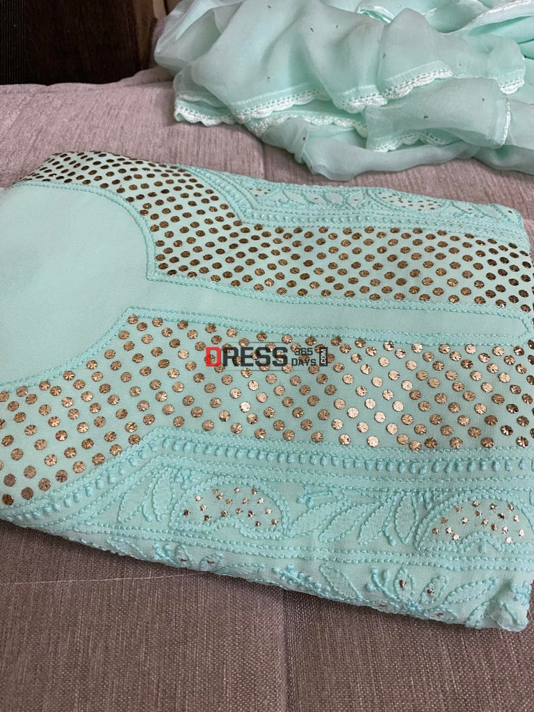 Sea Green Mukaish Neckline Chikankari Kurta Dupatta Suits