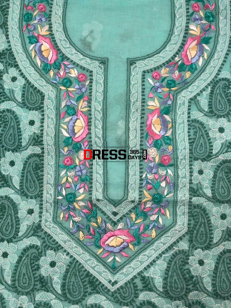 Sea Green Parsi Neckline Chikankari Kurti Fabric (Only Kurta)