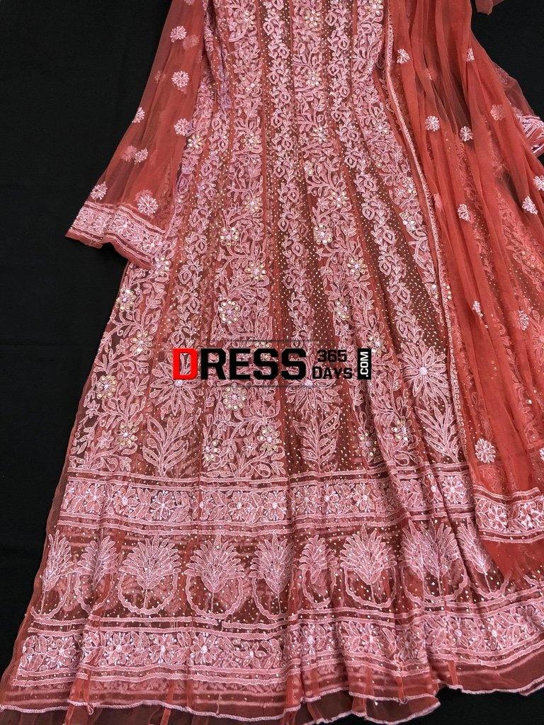 Terracotta Handcrafted Chikankari And Kamdani Anarkali Suit