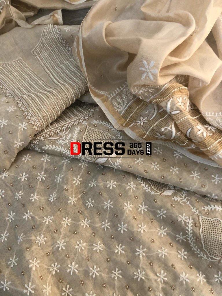 Blue - 2pc Mul Chanderi Unstitched Hand Beads Work Heavy Chikankari Dress Material 18