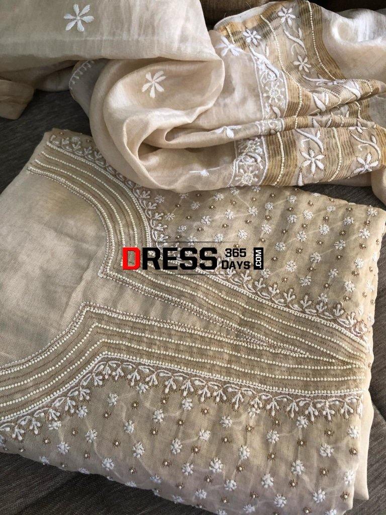 Tissue Chanderi Chikankari Suit with Beads Work Tissue Chanderi Chikankari Suit with Beads Work