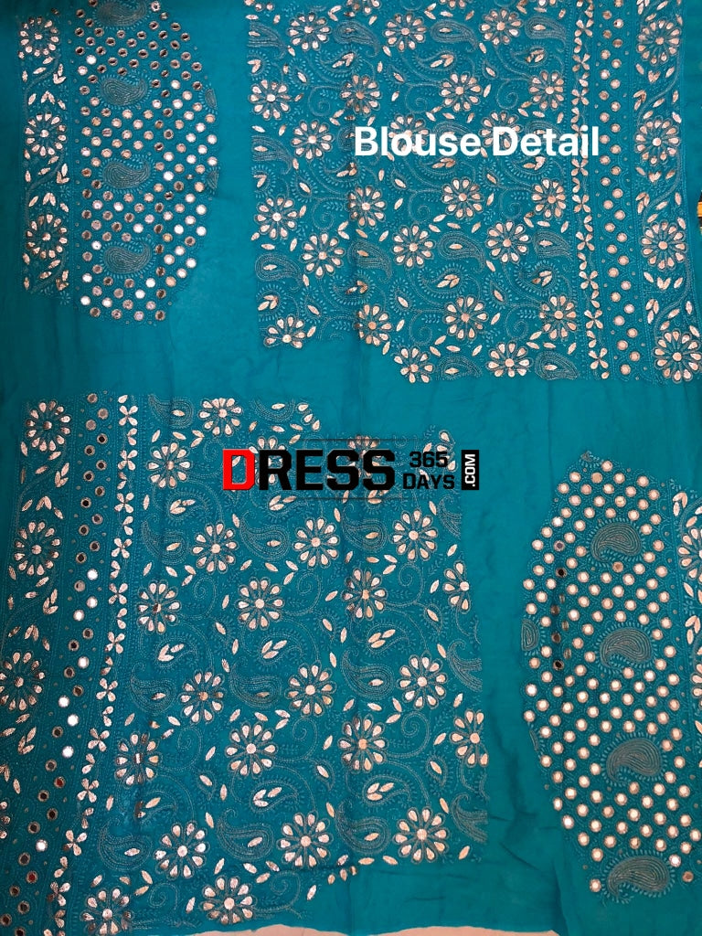 Turquoise Mirror Gota Patti & Pearl Lucknowi Lehenga Set Chikankari