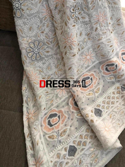 White Gota And Pearls Chikankari Dupatta