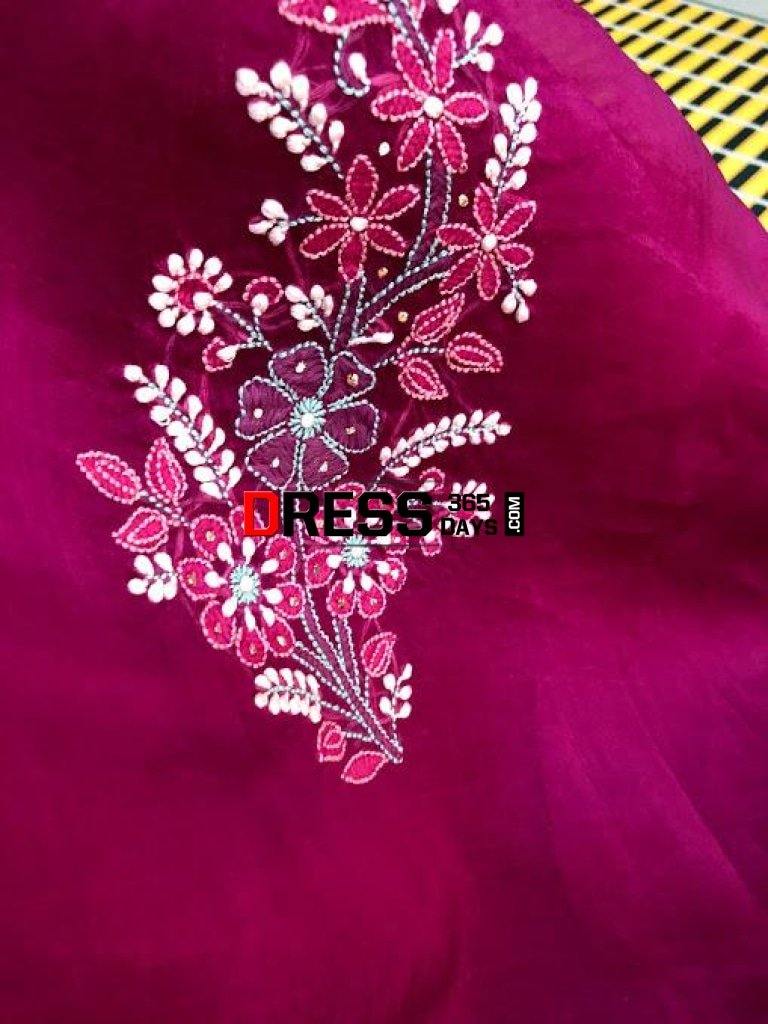 Wine Hand Embroidered Mukaish Chikankari Saree- Organza Saree