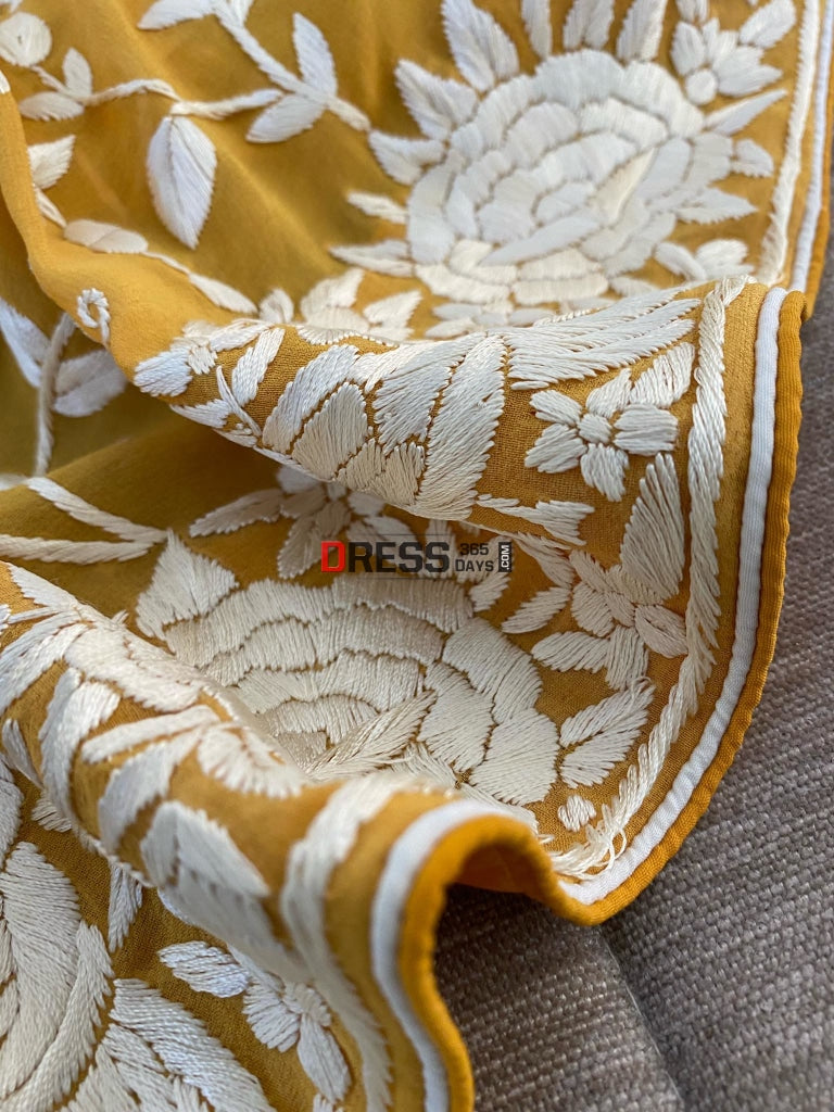 Yellow And Ivory Parsi Gara Hand Embroidered Saree