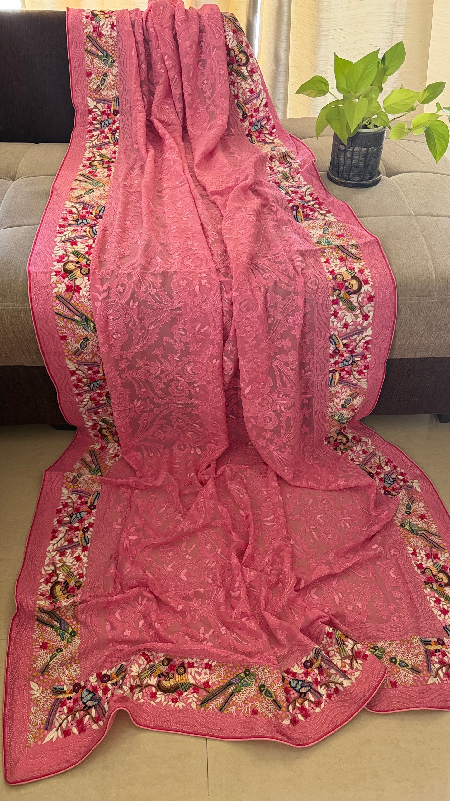Designer Pink Hand Embroidered Parsi Gara Dupatta